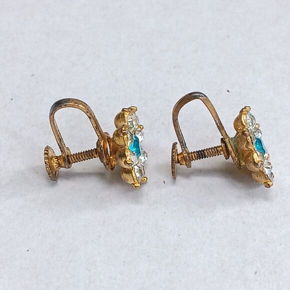 Vintage Rhinestone Flower Gold Tone Stud Screw Back Earrings-December Birthstone - Picture 4 of 8
